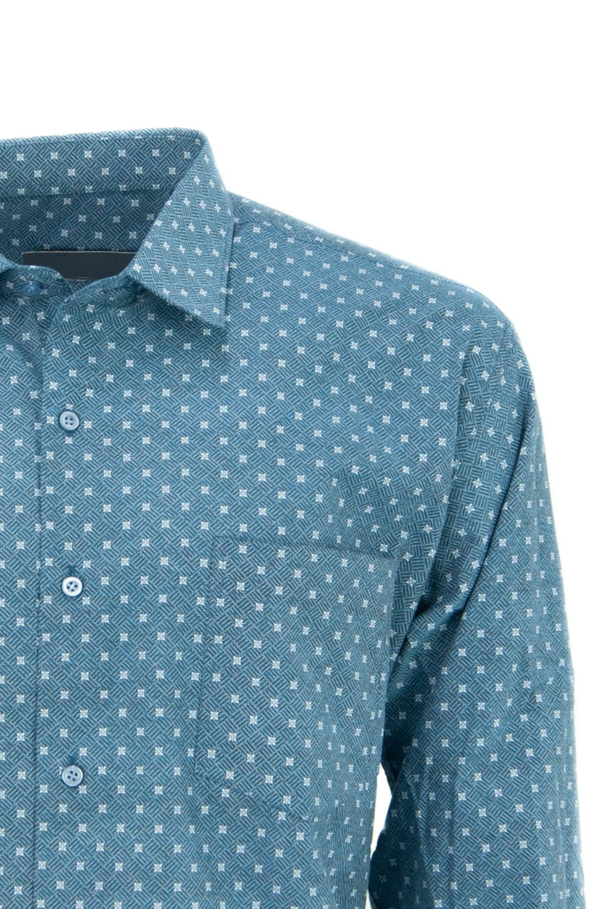 Erkek Baskılı Desen Uzun Kollu Normal Kesim Tek Cepli Pamuklu Kumaş Gömlek